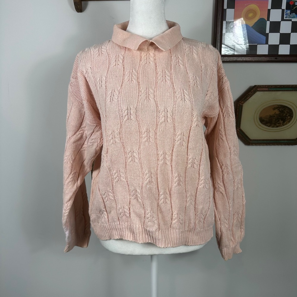 Vintage Light Pink Collared Cable Knit Sweater - Cottage‎ Feminine Grandma